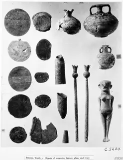Plate of small finds from Enkomi Tomb 3: flat discs, two-handled vessels, slender rods with flower-shaped tops and a female figurine.