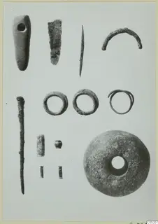 Bronze tools and small finds laid out on a pale background