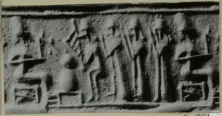 Impression of a stone seal with a row of carved figures, seated and standing, between borders