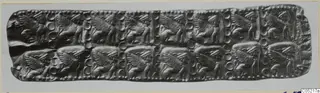 Embossed metal diadem strip with two rows of winged figures in profile, separated by circular motifs and beaded borders