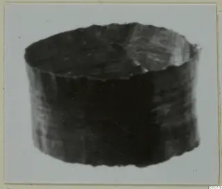 Blurred photograph of a dark cylindrical object with a flat top against a pale background