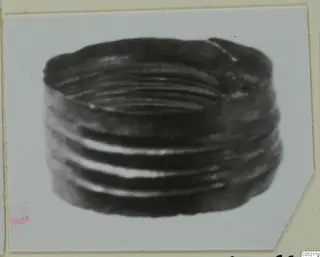 Coiled metal ring with several tight turns, photographed on a mounted card