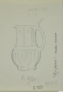 Pencil drawing of a White Slip Ware jug with a loop handle and cross-hatched bands, from Enkomi