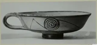 Shallow bowl with a single loop handle and painted spiral decoration, from Enkomi