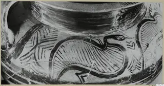 Close view of the painted upper body of a pottery amphora-crater, with a dark long-necked motif and hatched bands