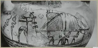 Painted amphora-crater from Enkomi, with a dotted boat-like shape and small figures in dark paint on a pale ground