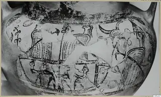 Painted pottery amphora-crater with stylised figures and dotted panels, shown in a close view