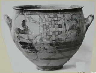 Levanto-Helladic Ware amphora-crater with long-necked figures and a checkerboard panel, seen from the side