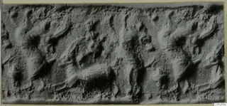 Cylinder seal from Enkomi, shown as a long band of carved figures and animals in relief.