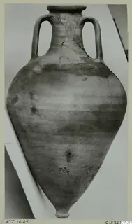Two-handled pottery vessel with a pointed base and cracked, repaired neck, from Kountoura Trachonia