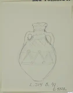 Pencil drawing of a Red Polished II amphora with two handles, crossed-line pattern and dotted triangles.