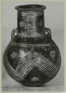 Red Polished III amphora from Lapithos with two perforated handles and chevron and spiral bands