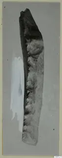Elongated stone fragment from Petra tou Limniti, photographed upright on a grey backdrop.