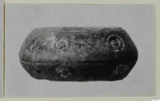 Small elongated bead-like object with circular ring motifs on its surface, shown on a card mount