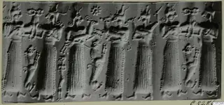 Impression of a carved seal showing a row of robed figures and a rosette above them