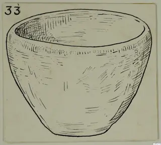 Drawing of a terracotta vessel with a wide open mouth and tapering base