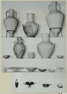 Pottery from Marion, Tomb 40 A and B: jars, bowls and small vessels arranged in rows on shelves