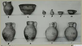 Jugs, bowls and cups from Marion, Tomb 4, numbered and set in two rows on a shelf