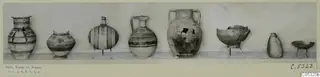 Eight pots from Stylli, Tomb 16, set in a row on a pale shelf against a light wall