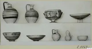 Nine vessels from Stylli T. 2-17, jugs, footed bowls and small pots arranged in two rows