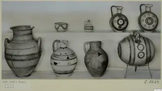 Pottery from Stylli, Tomb 3: eight vessels in two rows, including jars, jugs and a small juglet