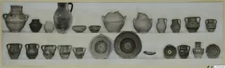 Pottery vessels from Marion Tombs 96 and 8: jars, jugs, bowls and dishes arranged in two rows on a pale background.