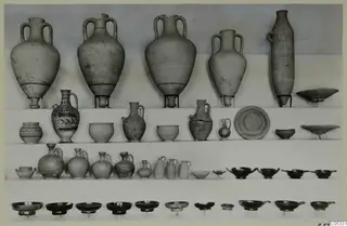 Pottery from Marion, Tomb 43: large jars, jugs, bowls and dark shallow cups arranged in rows on shelves.