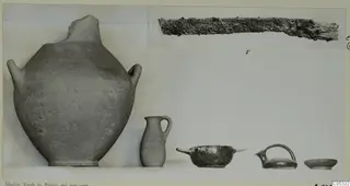 Pottery vessels and an iron knife from Marion, Tomb 29, photographed together