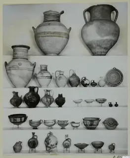 Pottery vessels from Tomb 69 at Marion, jugs and bowls arranged in rows on a light background
