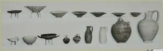 Pottery vessels from Marion Tomb 89: shallow bowls and dishes in the upper row, jugs, juglets and bowls in the lower row