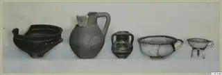 Five pottery vessels from Marion, Tomb 86: bowls and jars set in a row.
