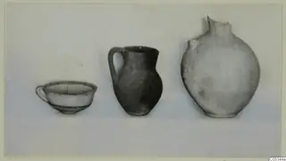 Three pottery vessels in a row: a small bowl with a handle, a dark jug with a strap handle, and a large rounded vessel with a broken rim.
