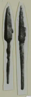 Two bronze weapons with leaf-shaped blades and long tangs, each mounted on a pale card backing.