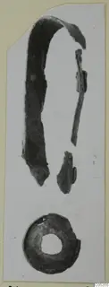 Bronze toilet-requisites from Marion: corroded curved strip, thin rod and fragments, and a ring, shown on a card mount