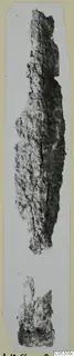 Two corroded iron weapon fragments from Amathus, one long and narrow, one shorter, shown on a photo mount