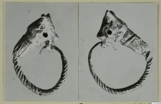 Two photographs of a twisted metal ring ending in a head-shaped terminal, from Marion