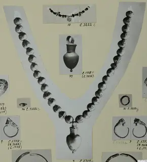 Jewellery from Marion on a card: a long bead necklace with a flask-shaped pendant, a short necklace and two bracelets