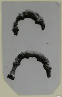 Two corroded bronze arc-shaped personal adornments from Amathus, one above the other.