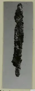 Corroded iron weapon from the Amathus tombs, shown upright against a plain grey background