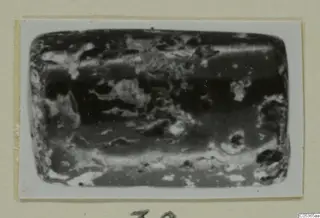 Small rectangular object with rounded corners and an encrusted, pitted surface, from Amathus