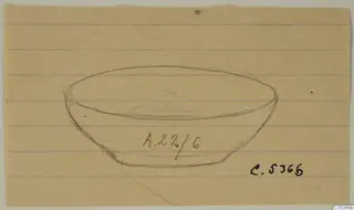Pencil drawing of a shallow bowl from Amathus, with a handwritten number label on its body.