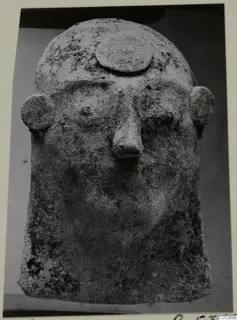 Stone head from Amathus with a broad face, large nose, round ears and a disc on the crown.