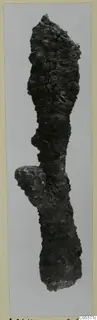 Heavily corroded iron object, elongated with a tapering top and a lobed projection, from the Amathus tomb finds