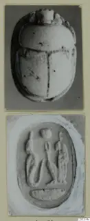 Two photographs mounted on a card: a beetle-shaped seal seen from above and the engraved face of an oval seal, from Amathus