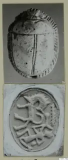 Two photographs of a small scarab-shaped seal from Amathus, showing its domed back and its engraved flat base