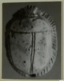 Beetle-shaped object from Amathus tombs 2-26, flat side with a ridged edge and a central line