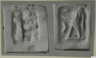 Two seal impressions with raised relief designs, shown side by side against a grey background.