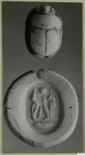 Scarab seal above a flat oval stone seal with three figures carved in relief in a recessed panel