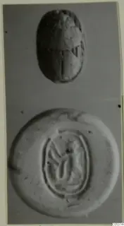 Scarab-shaped seal in two views: the domed back and the flat base with an oval-framed design.