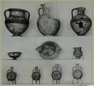 Pottery vessels from Amathus, Tomb 6, arranged in three rows